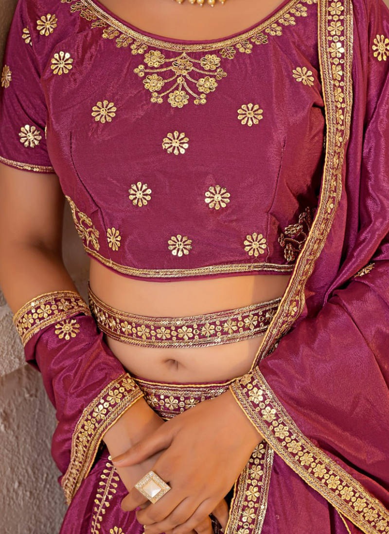 Heavy Zari Sequence Embroidered Chinon Silk Rani Pink Lehenga Choli
