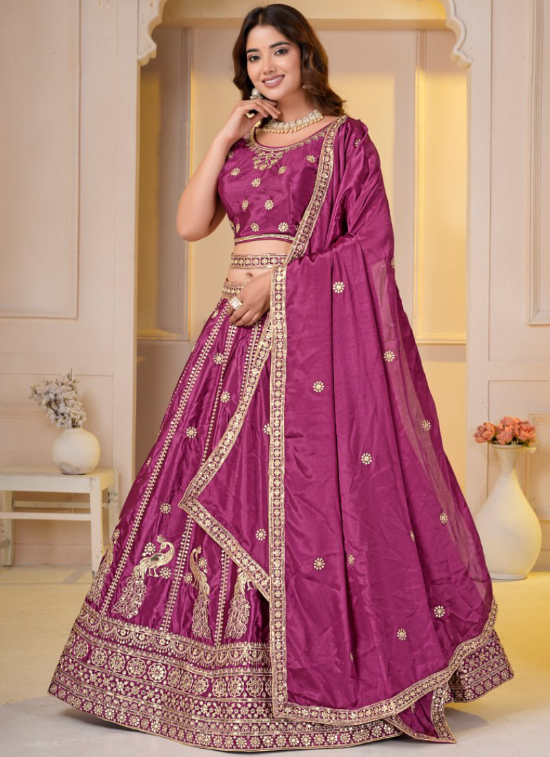 Heavy Zari Sequence Embroidered Chinon Silk Rani Pink Lehenga Choli