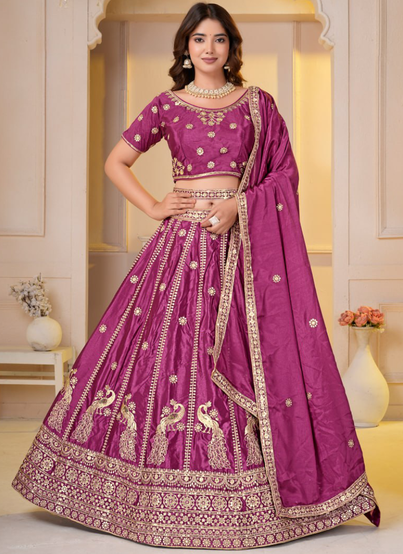 Heavy Zari Sequence Embroidered Chinon Silk Rani Pink Lehenga Choli