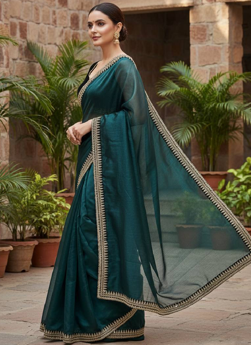 Heavy Zari sequence Embroiderd Rama Green Soft Net Saree For Function