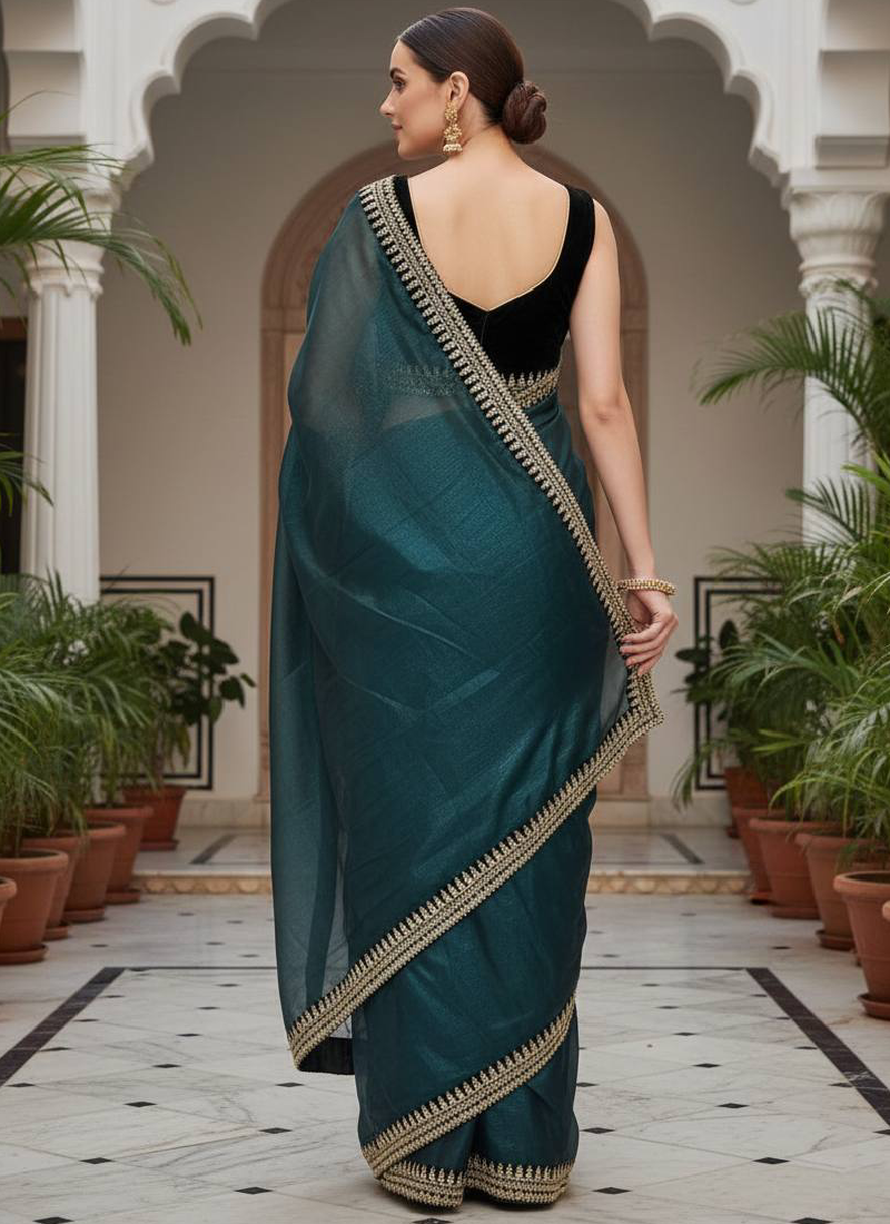 Heavy Zari sequence Embroiderd Rama Green Soft Net Saree For Function