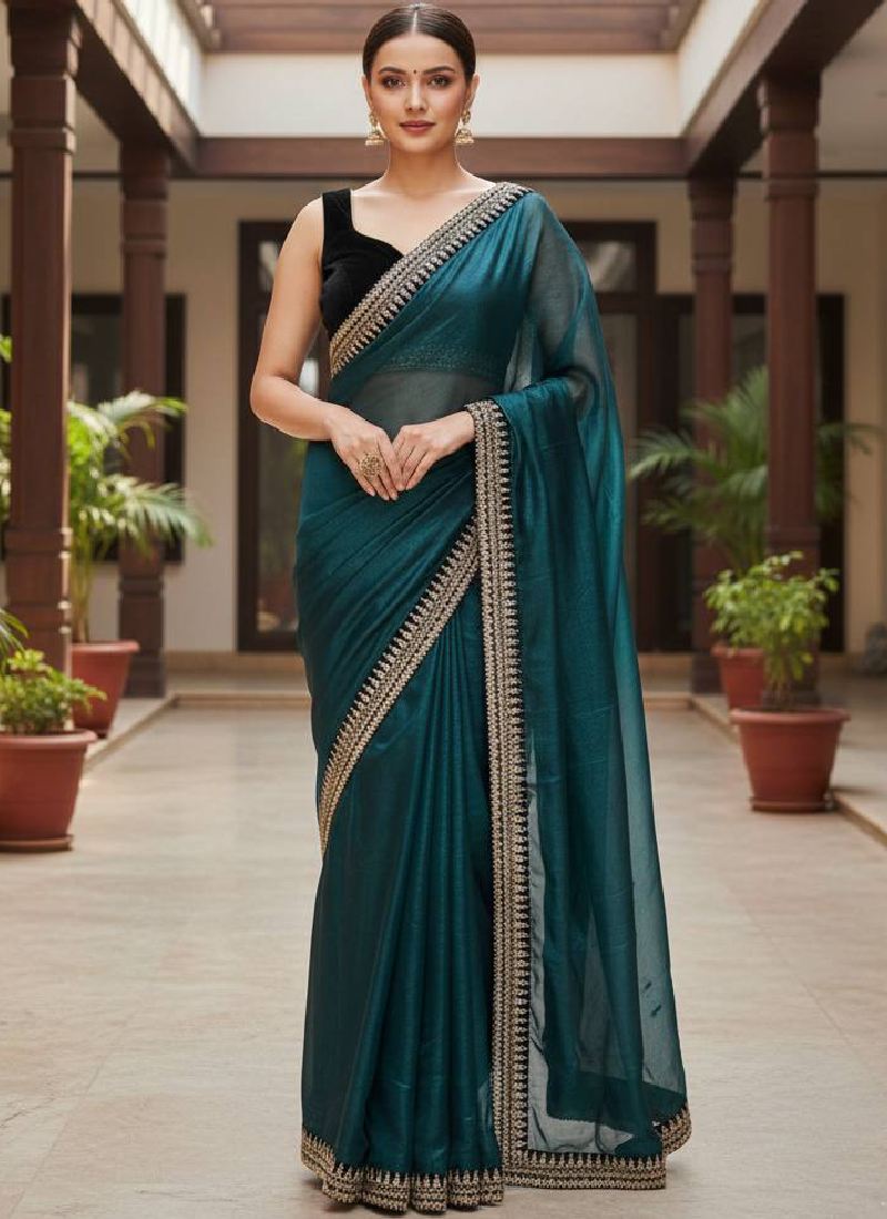 Heavy Zari sequence Embroiderd Rama Green Soft Net Saree For Function