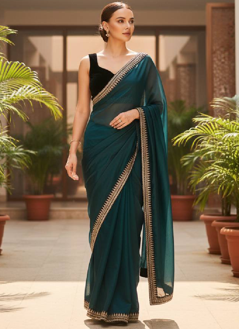Heavy Zari sequence Embroiderd Rama Green Soft Net Saree For Function