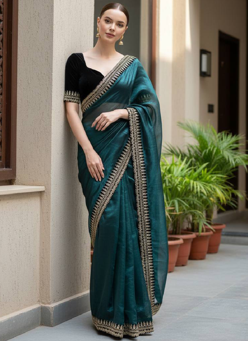 Heavy Zari sequence Embroiderd Rama Green Soft Net Saree For Function