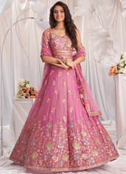 Heavy Embroidered Wedding Wear Bridesmaid Pink Organza Lehenga Choli