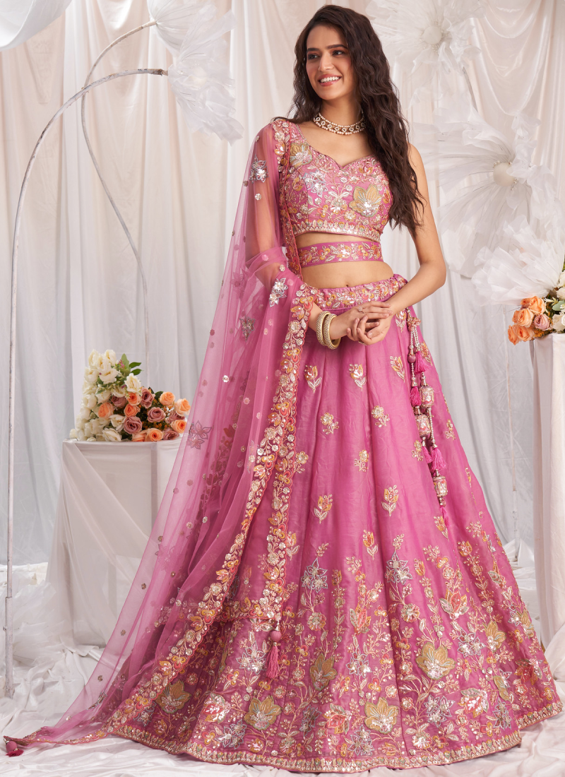 Heavy Embroidered Wedding Wear Bridesmaid Pink Organza Lehenga Choli