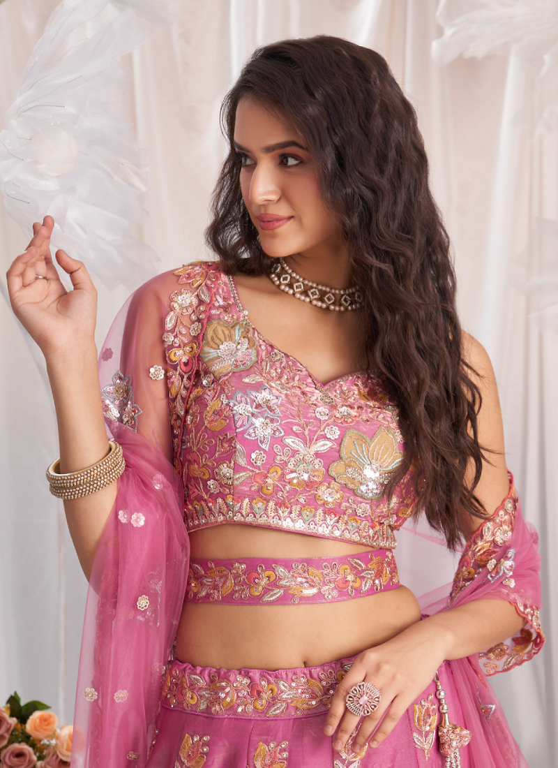 Heavy Embroidered Wedding Wear Bridesmaid Pink Organza Lehenga Choli