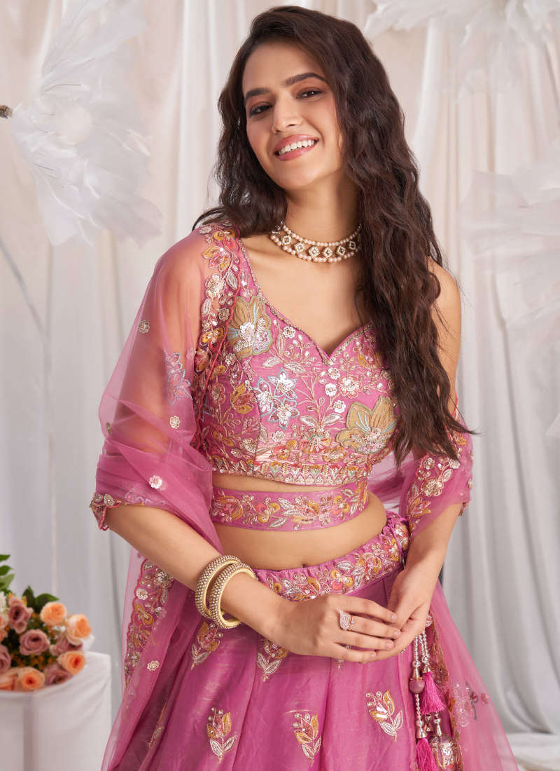 Heavy Embroidered Wedding Wear Bridesmaid Pink Organza Lehenga Choli