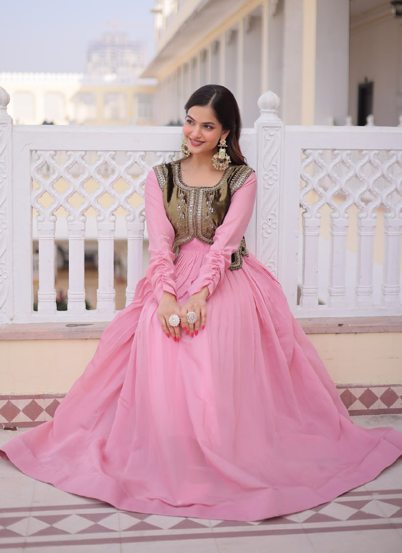 Heavy Work Jacket With Chanderi Silk Plain Light Pink Stitched Gown