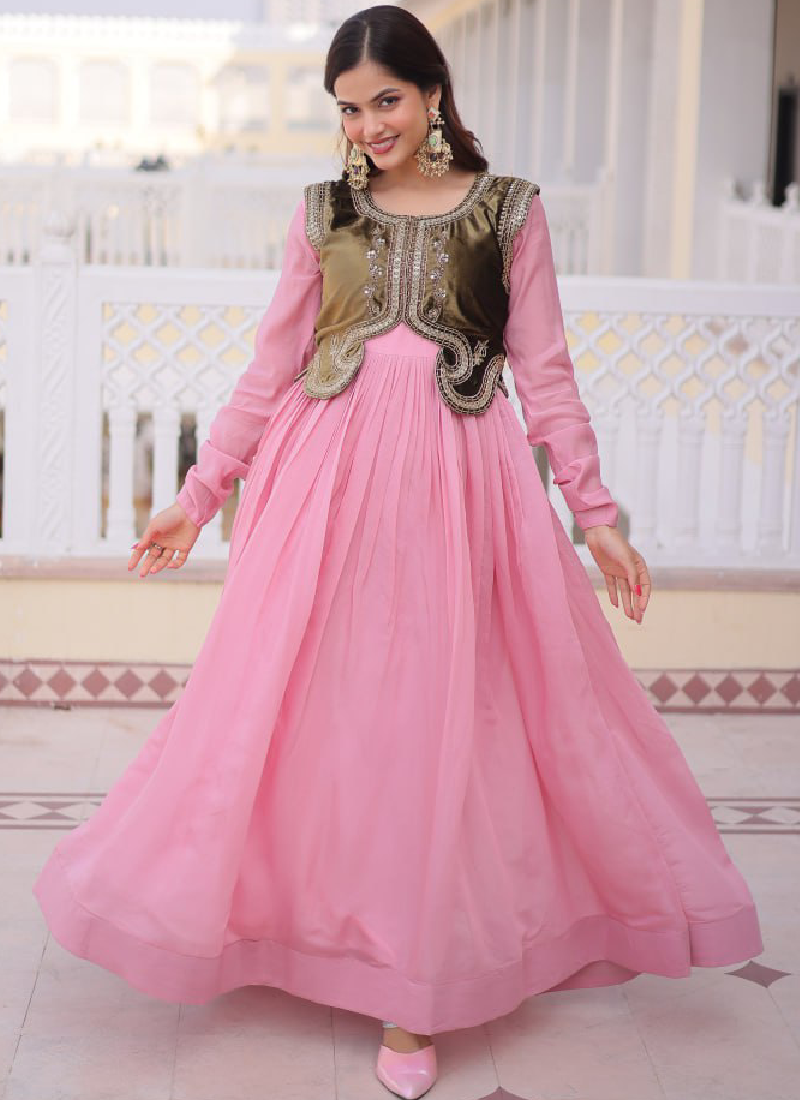 Heavy Work Jacket With Chanderi Silk Plain Light Pink Stitched Gown