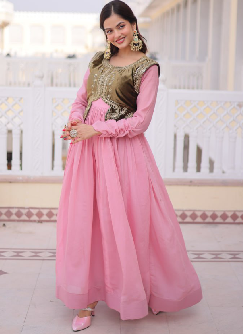 Heavy Work Jacket With Chanderi Silk Plain Light Pink Stitched Gown