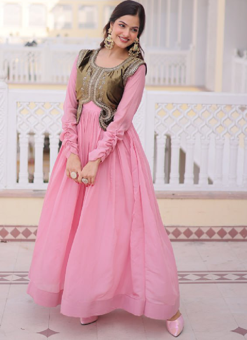 Heavy Work Jacket With Chanderi Silk Plain Light Pink Stitched Gown   tapee.in