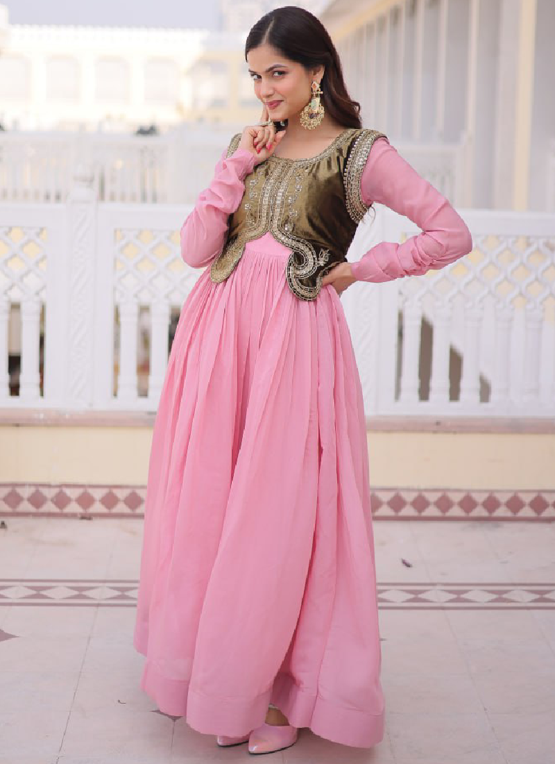 Heavy Work Jacket With Chanderi Silk Plain Light Pink Stitched Gown