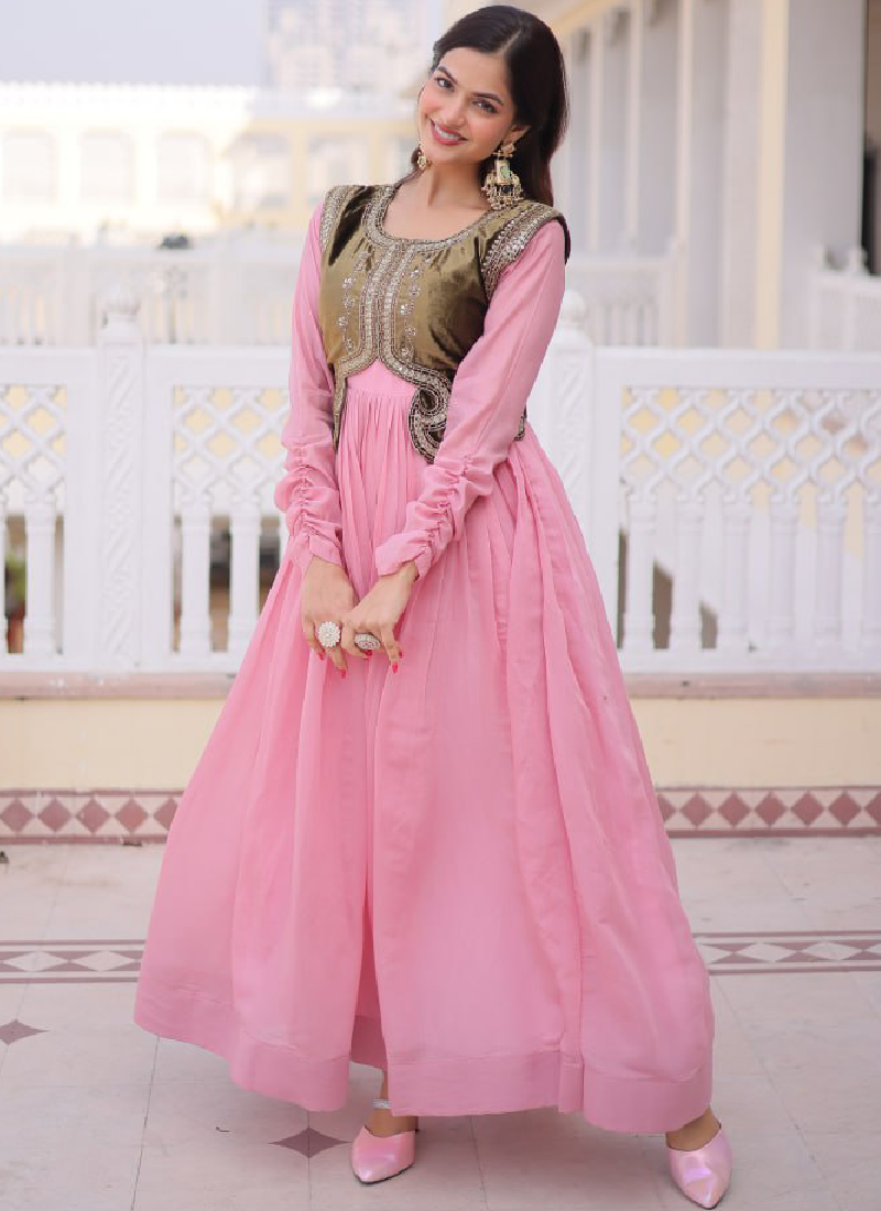 Heavy Work Jacket With Chanderi Silk Plain Light Pink Stitched Gown
