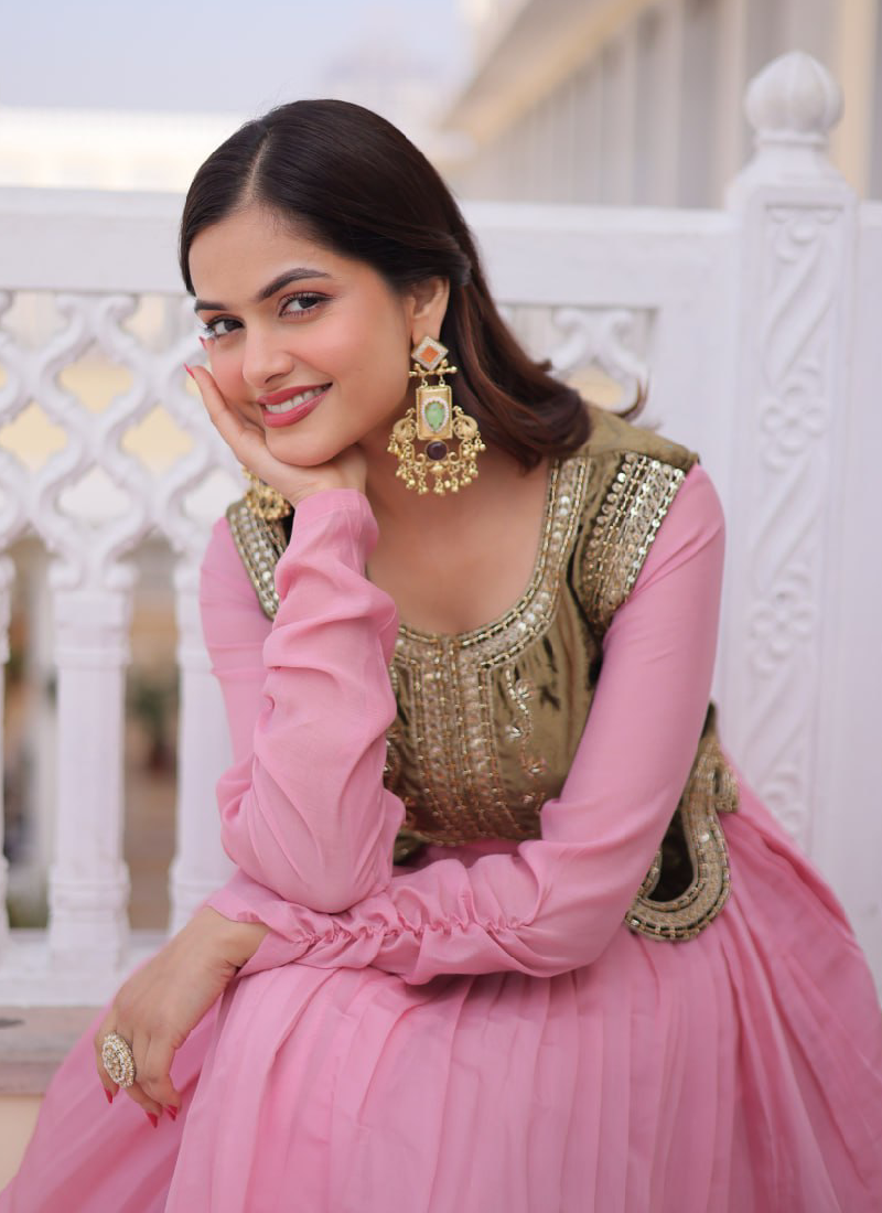 Heavy Work Jacket With Chanderi Silk Plain Light Pink Stitched Gown
