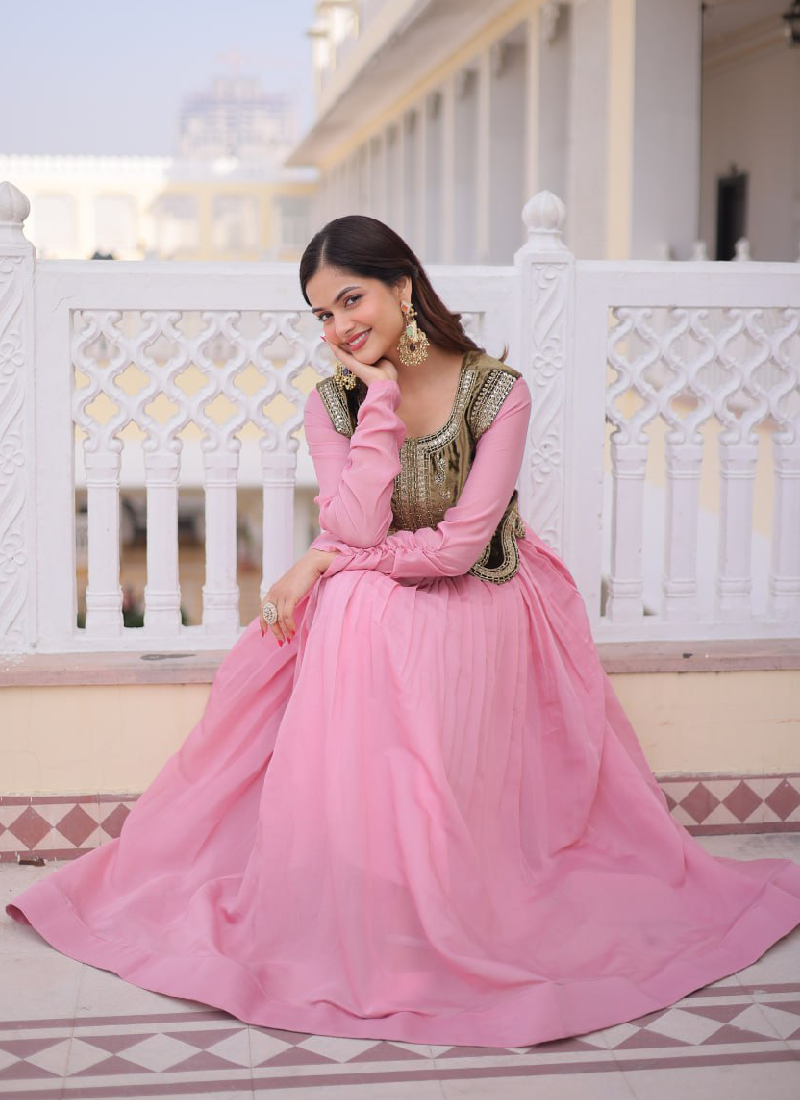 Heavy Work Jacket With Chanderi Silk Plain Light Pink Stitched Gown