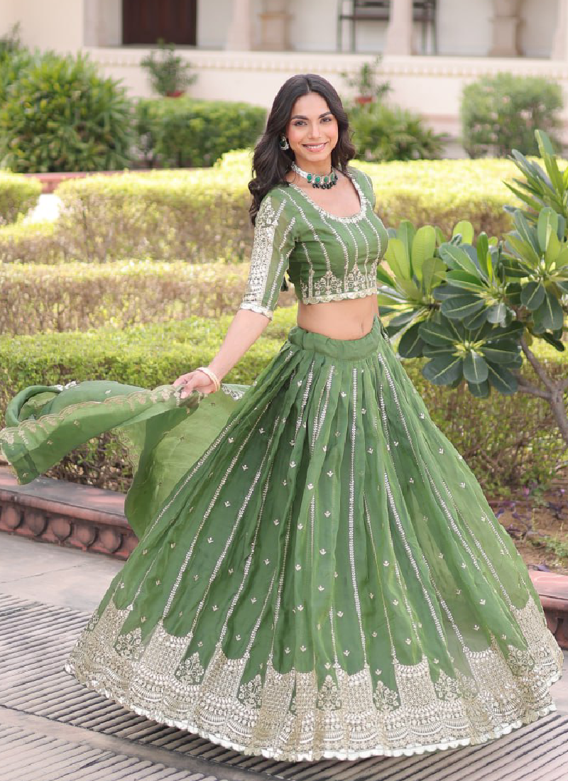 Incredible Gold Crush Pista Green Zari Embroidered Lehenga Choli Set