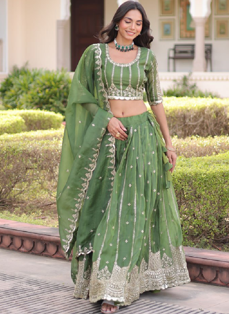 Incredible Gold Crush Pista Green Zari Embroidered Lehenga Choli Set