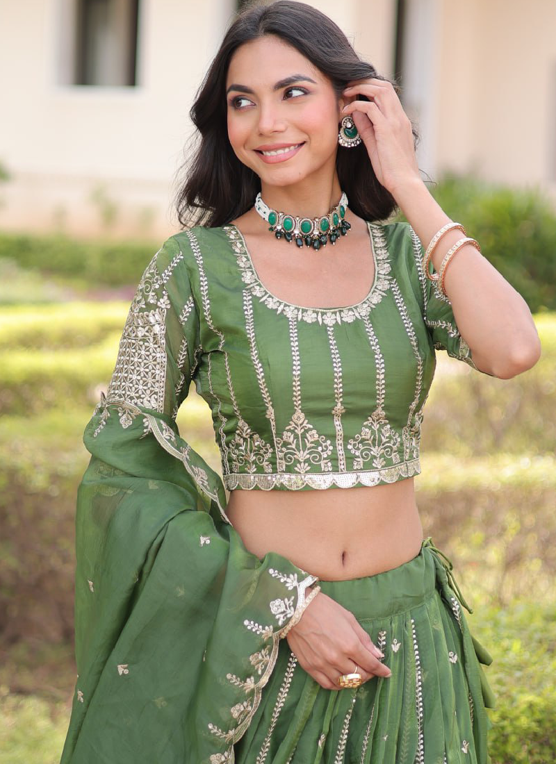 Incredible Gold Crush Pista Green Zari Embroidered Lehenga Choli Set