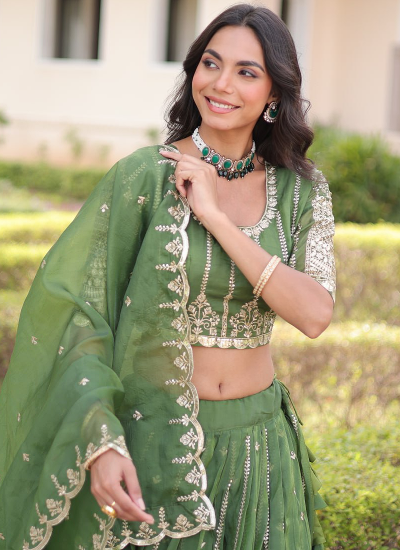 Incredible Gold Crush Pista Green Zari Embroidered Lehenga Choli Set