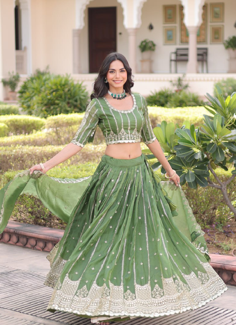 Incredible Gold Crush Pista Green Zari Embroidered Lehenga Choli Set