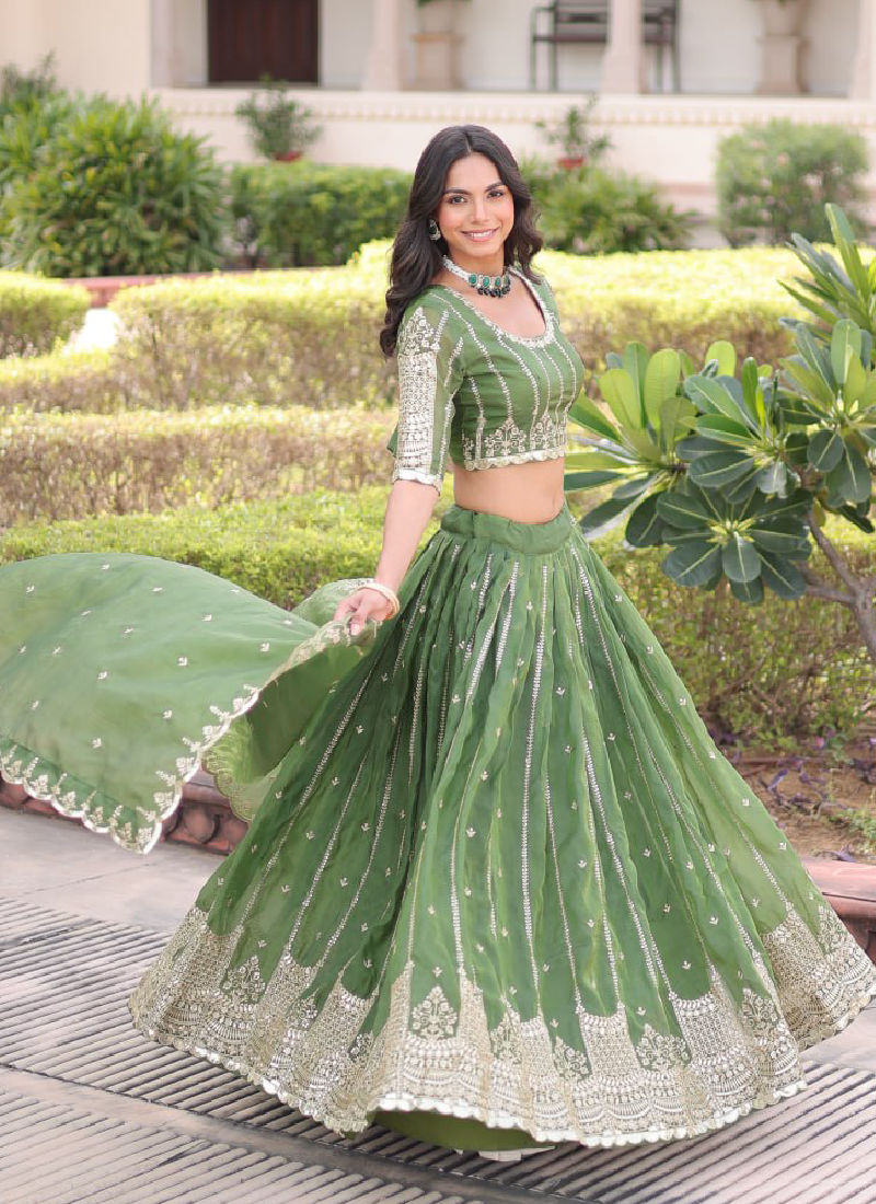 Incredible Gold Crush Pista Green Zari Embroidered Lehenga Choli Set