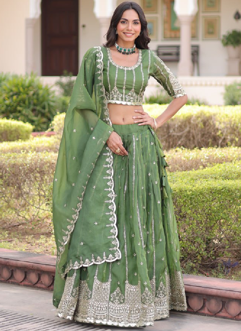 Incredible Gold Crush Pista Green Zari Embroidered Lehenga Choli Set