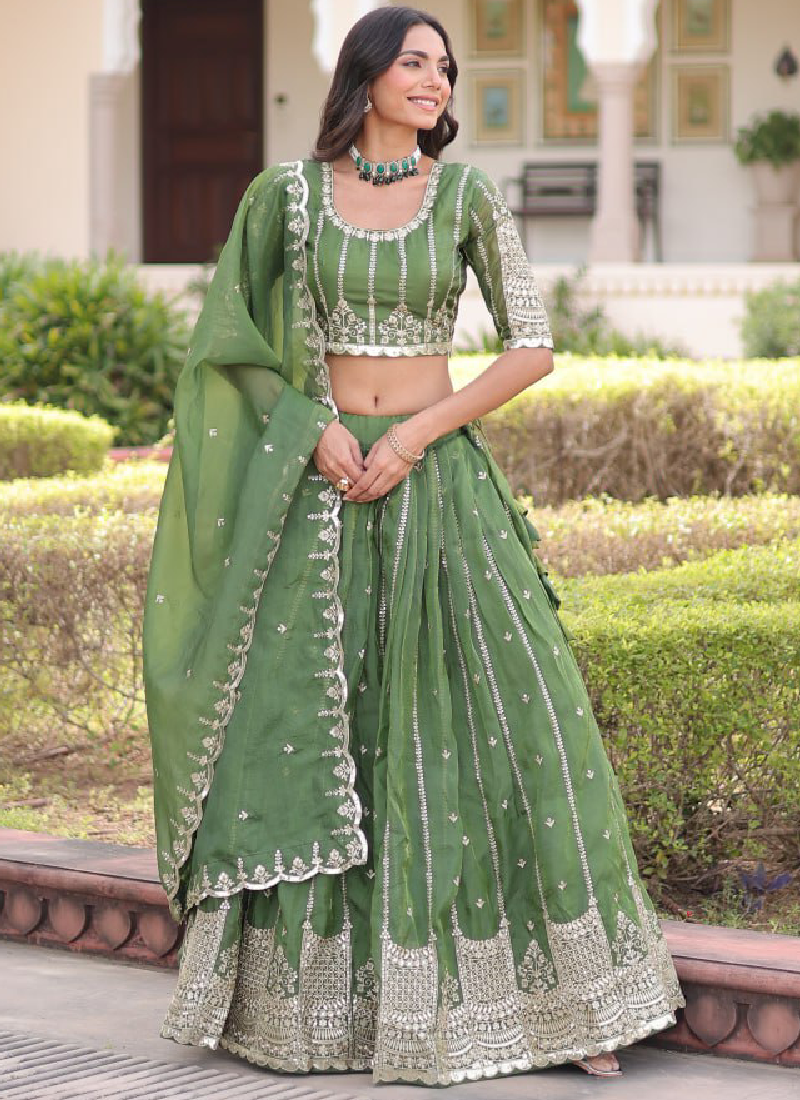 Incredible Gold Crush Pista Green Zari Embroidered Lehenga Choli Set