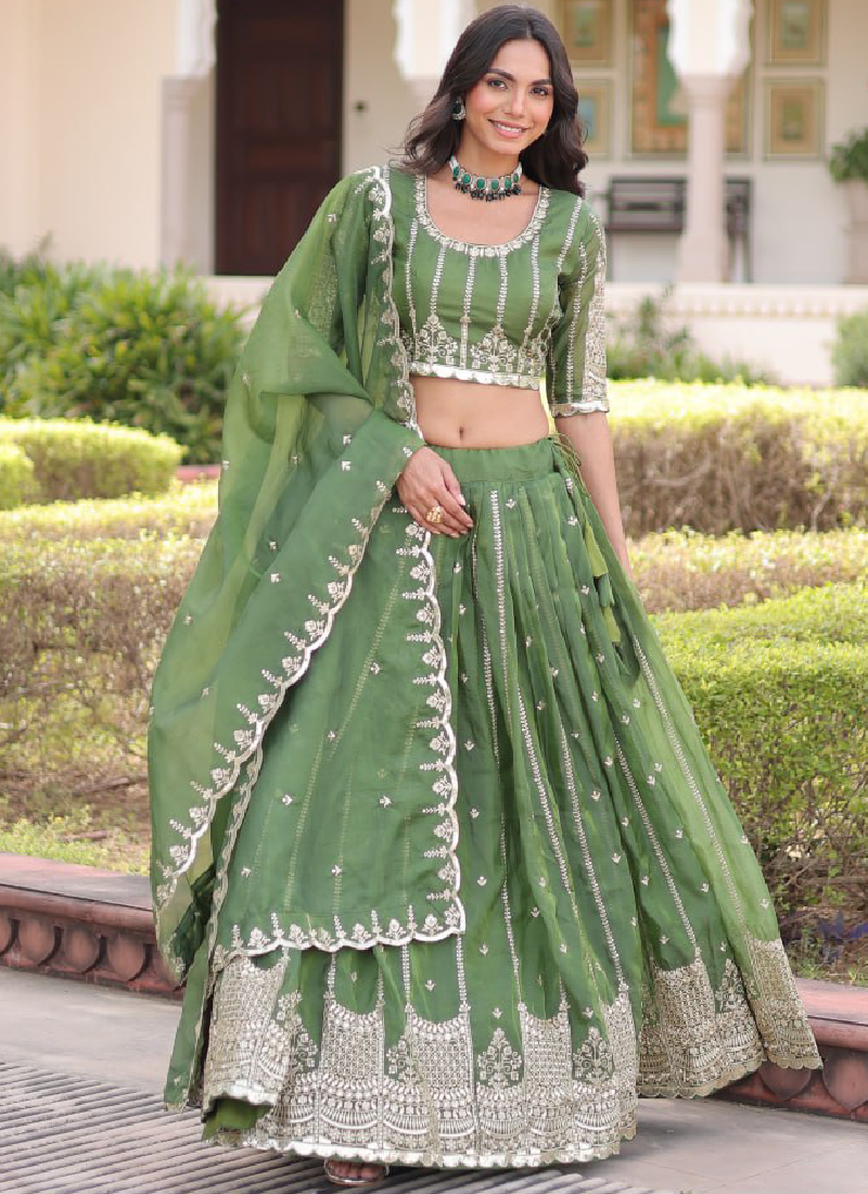 Incredible Gold Crush Pista Green Zari Embroidered Lehenga Choli Set