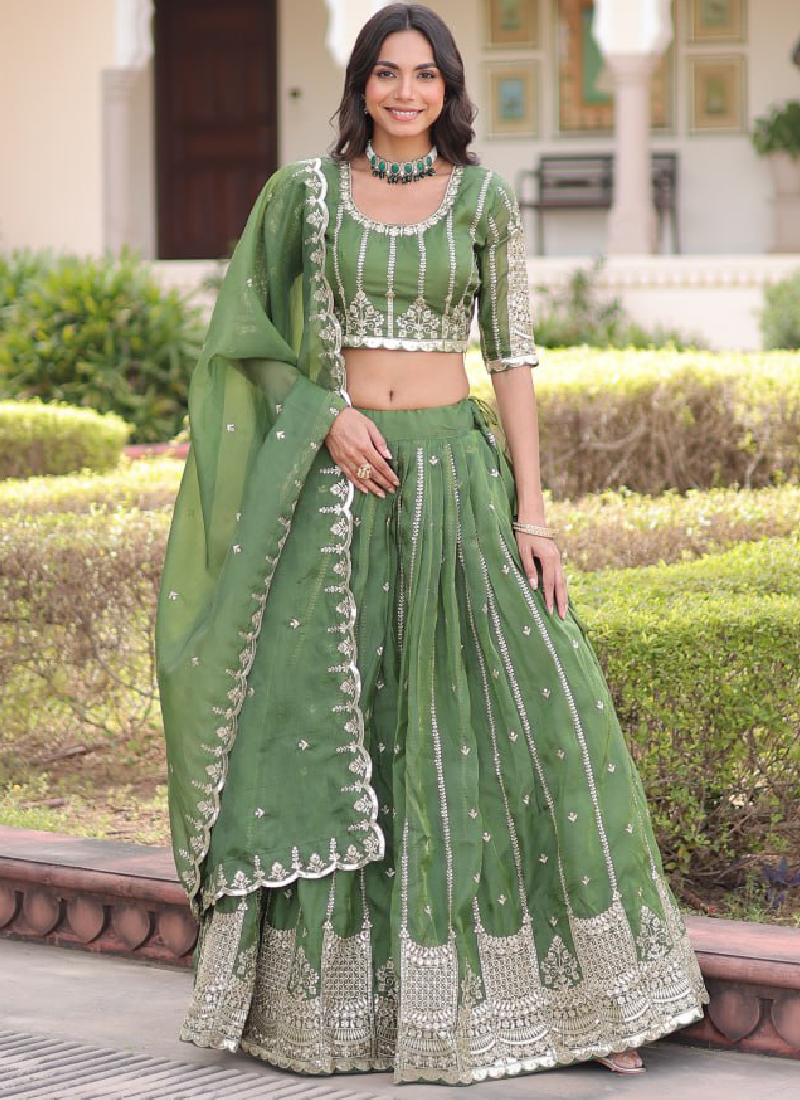 Incredible Gold Crush Pista Green Zari Embroidered Lehenga Choli Set