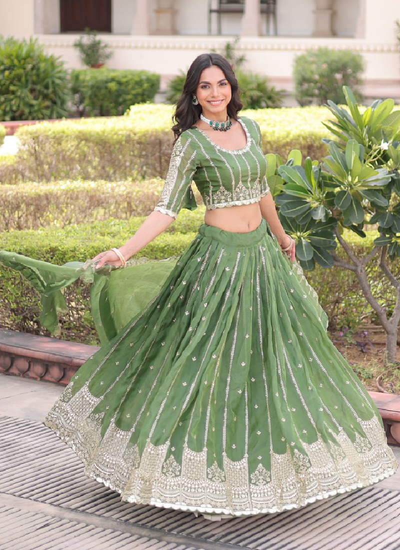 Incredible Gold Crush Pista Green Zari Embroidered Lehenga Choli Set