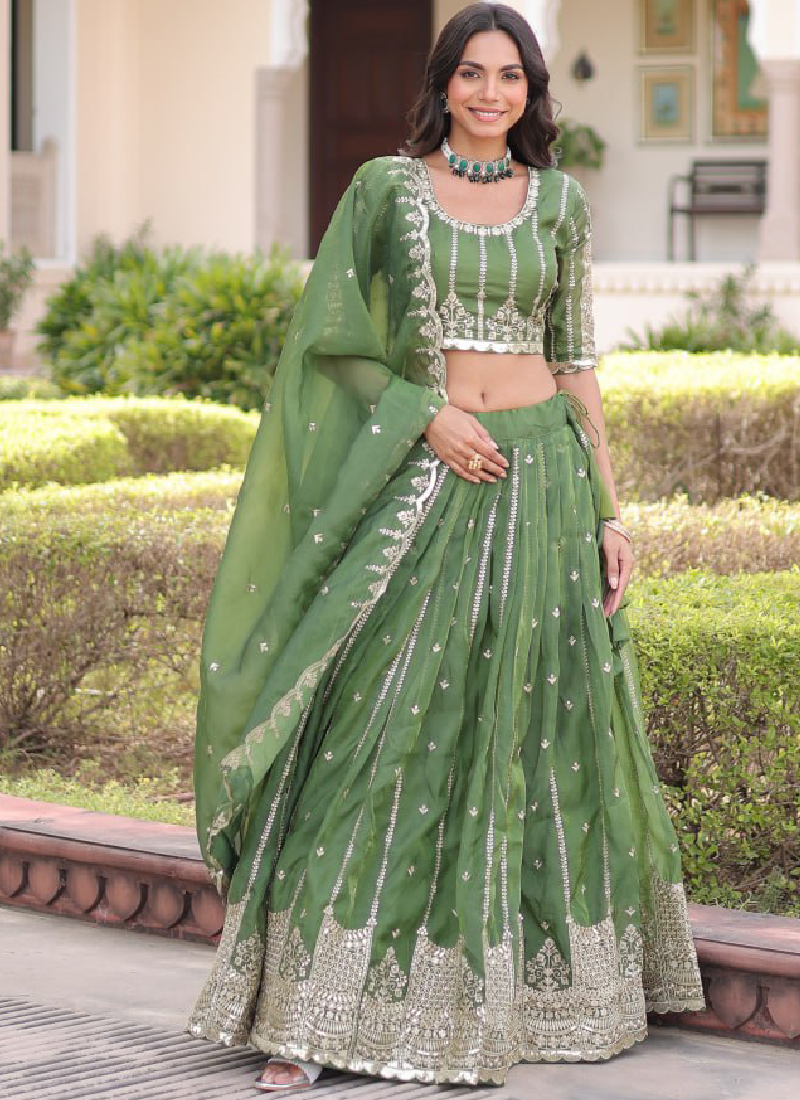 Incredible Gold Crush Pista Green Zari Embroidered Lehenga Choli Set