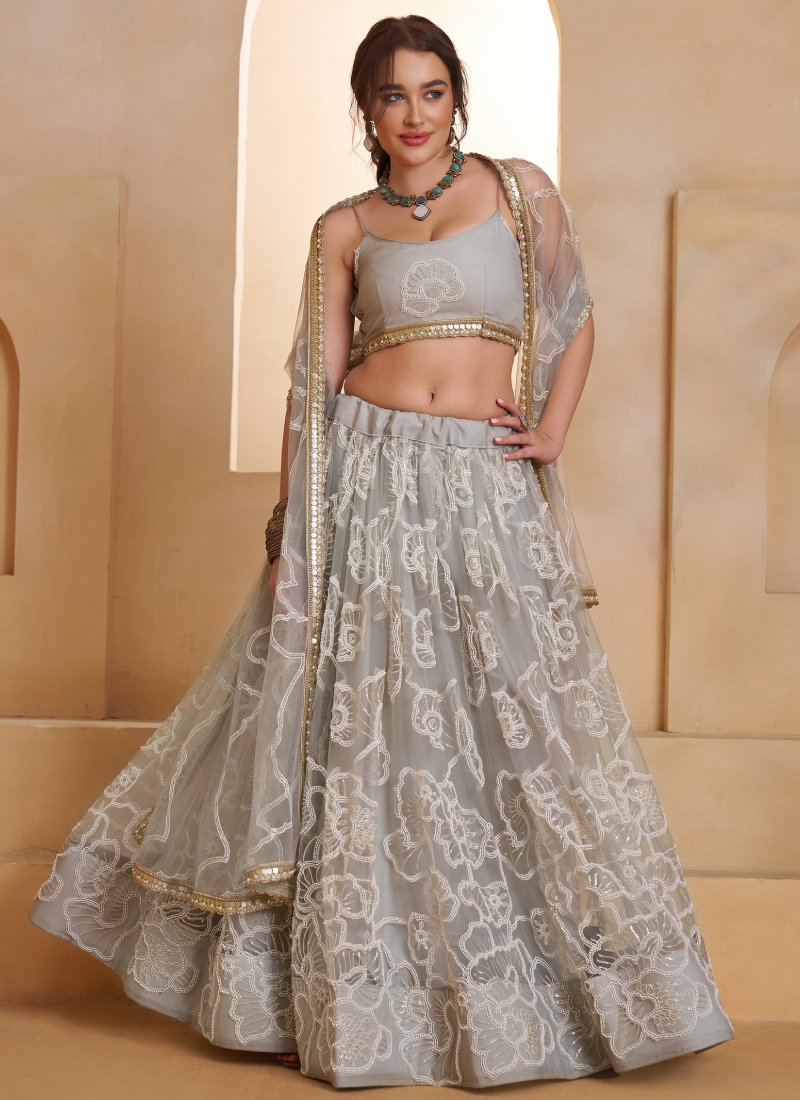 Incredible Net Beads Thread Embroidered Work Light Grey Lehenga Choli