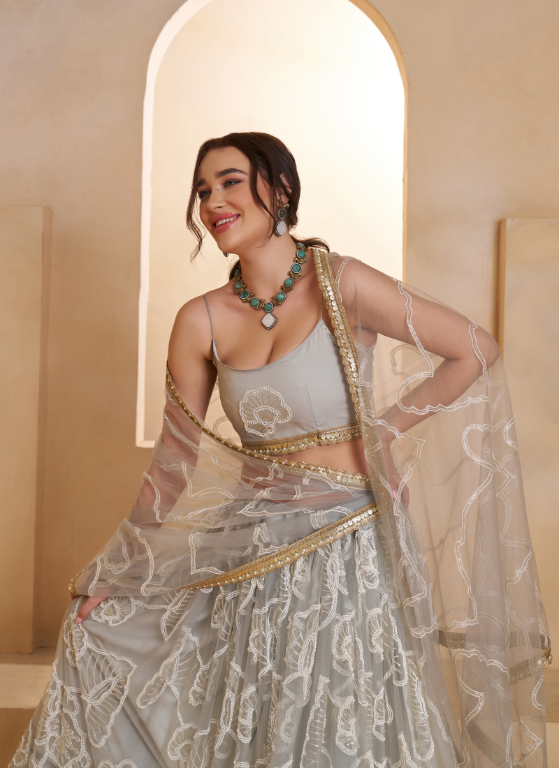 Incredible Net Beads Thread Embroidered Work Light Grey Lehenga Choli