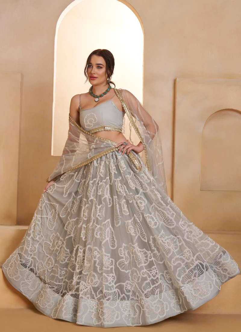 Incredible Net Beads Thread Embroidered Work Light Grey Lehenga Choli