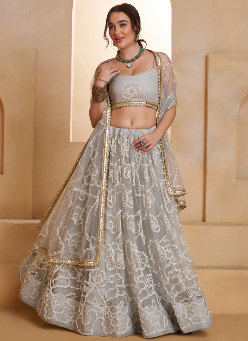 Incredible Net Beads Thread Embroidered Work Light Grey Lehenga Choli