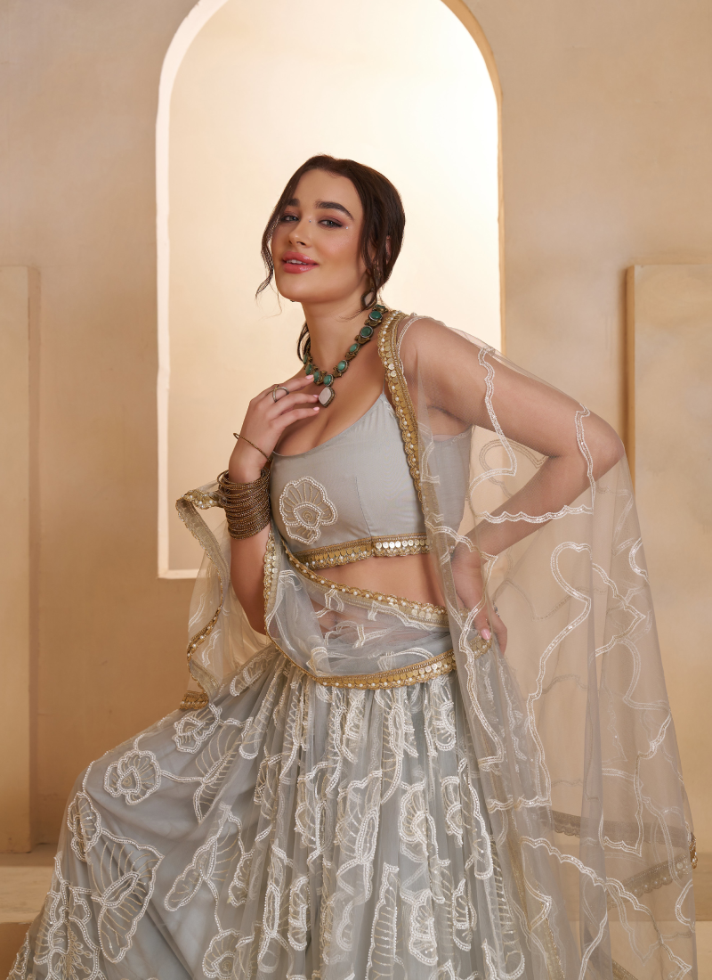 Incredible Net Beads Thread Embroidered Work Light Grey Lehenga Choli