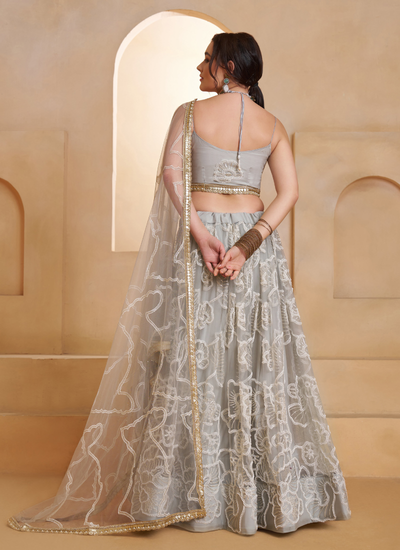 Incredible Net Beads Thread Embroidered Work Light Grey Lehenga Choli