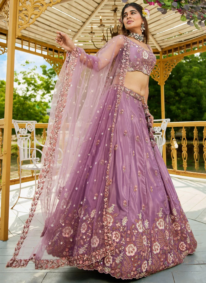 Incredible Satin Silk Zari Sequence Embroidered Purple Lehenga Choli