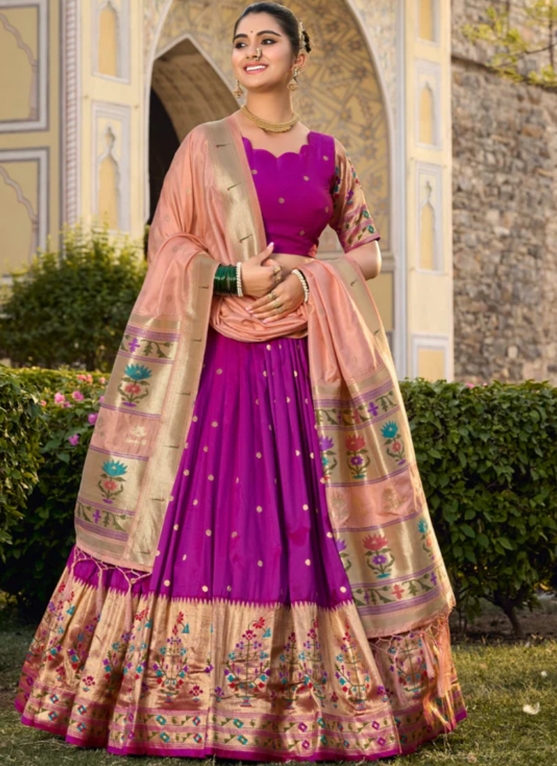 Incredible Zari Weaving Jacquard Silk Purple Paithani Lehenga Choli