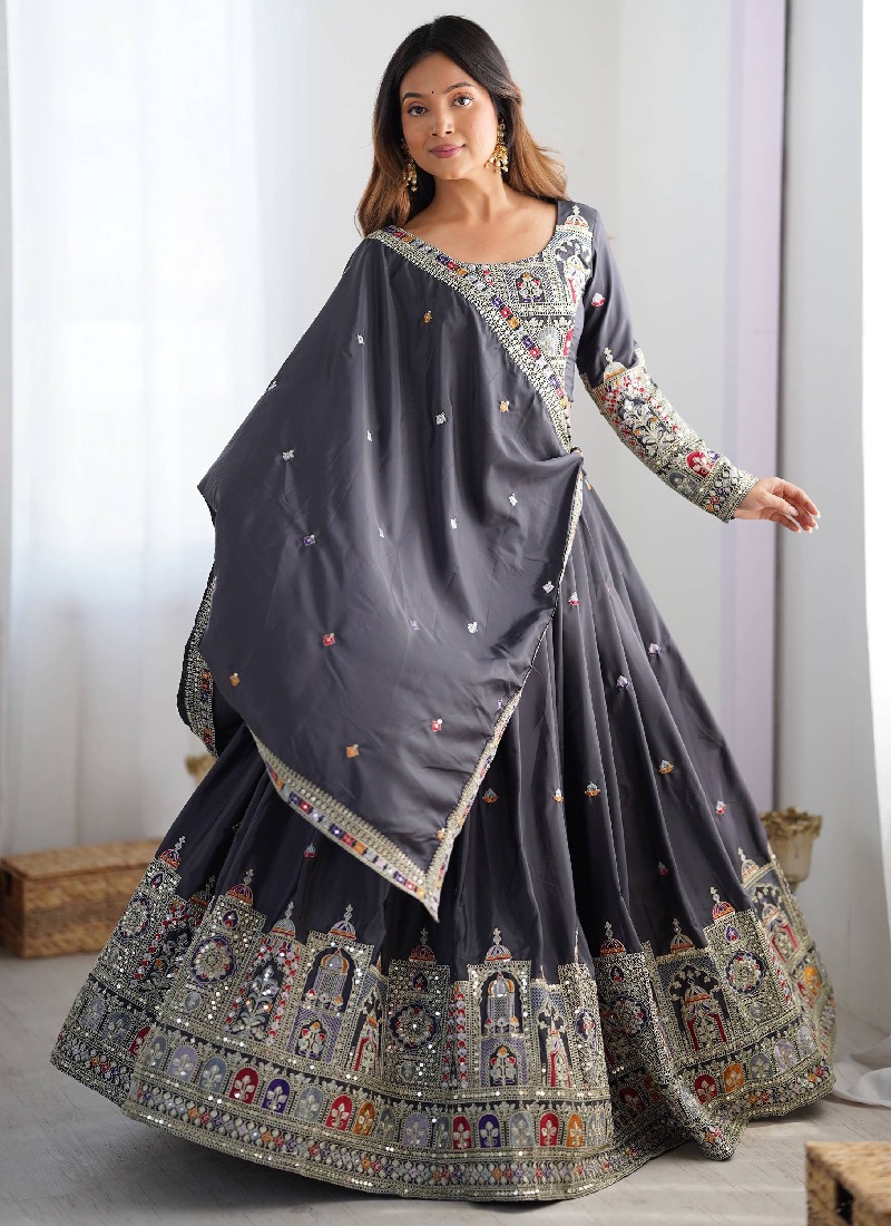 Incredible Silk Thread Embroidered Grey Traditional Lehenga Choli