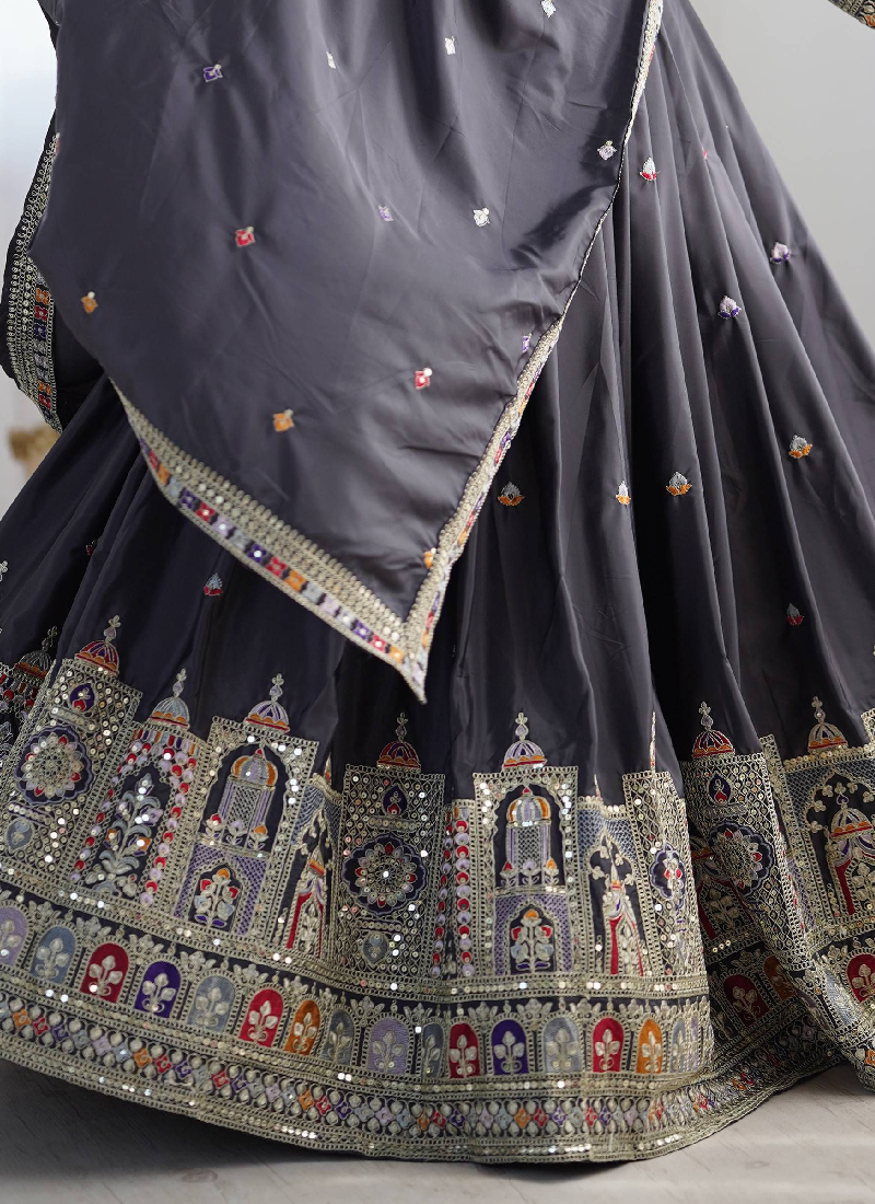 Incredible Silk Thread Embroidered Grey Traditional Lehenga Choli