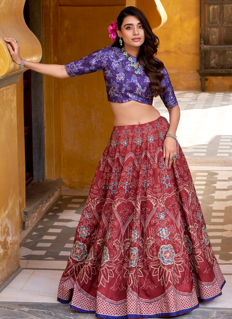 Indian Festival Special Printed Vaishali Silk Maroon Lehenga Choli Set