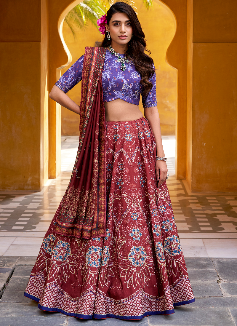 Indian Festival Special Printed Vaishali Silk Maroon Lehenga Choli Set