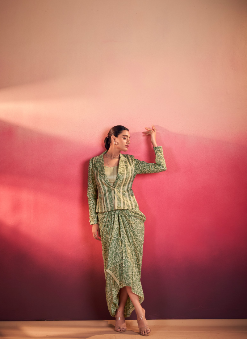 Indo Western Silk Printed Party Wear Green Drape Salwar With Jacket