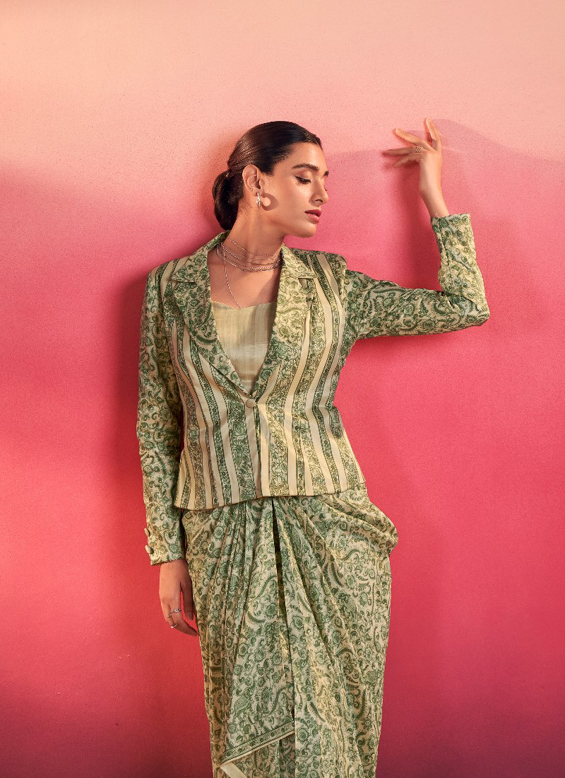 Indo Western Silk Printed Party Wear Green Drape Salwar With Jacket