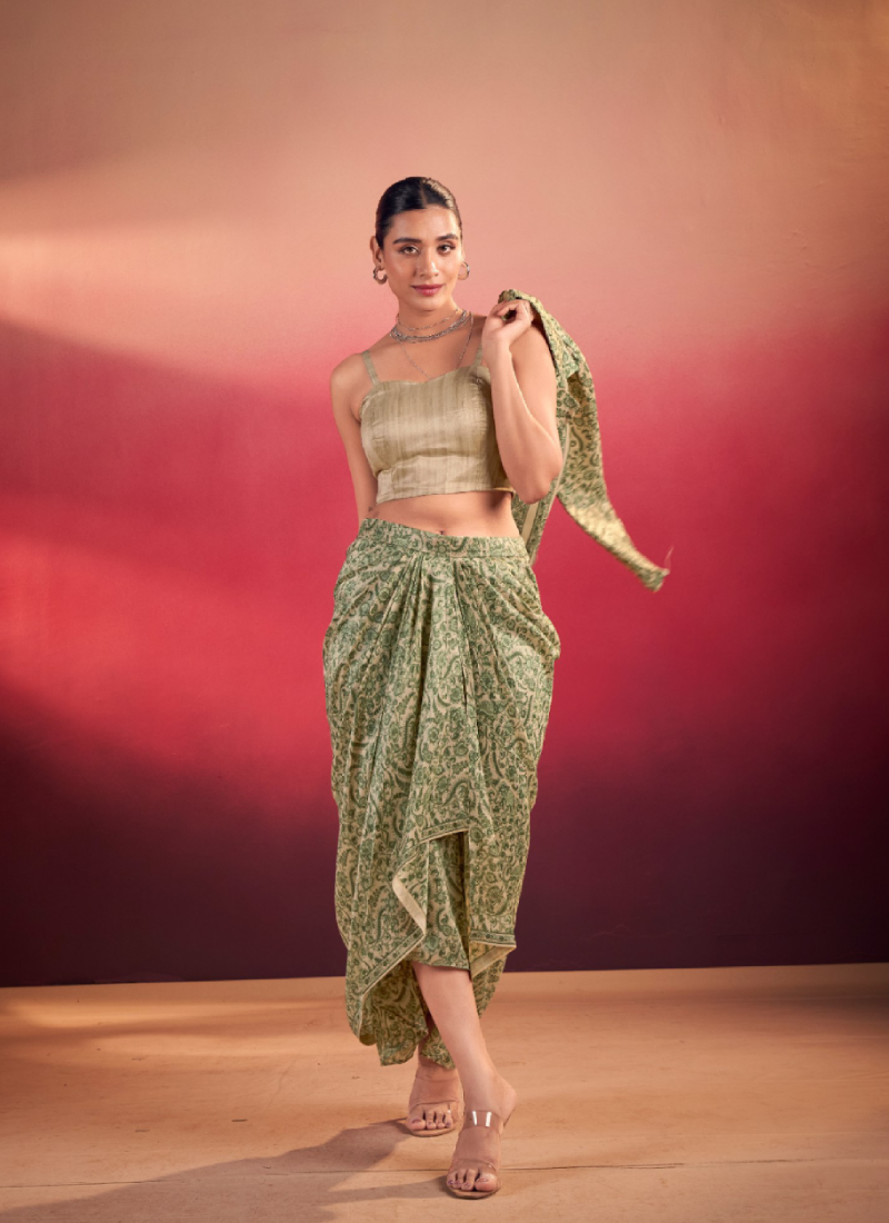 Indo Western Silk Printed Party Wear Green Drape Salwar With Jacket