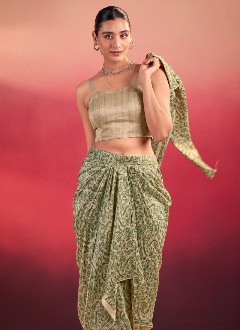 Indo Western Silk Printed Party Wear Green Drape Salwar With Jacket