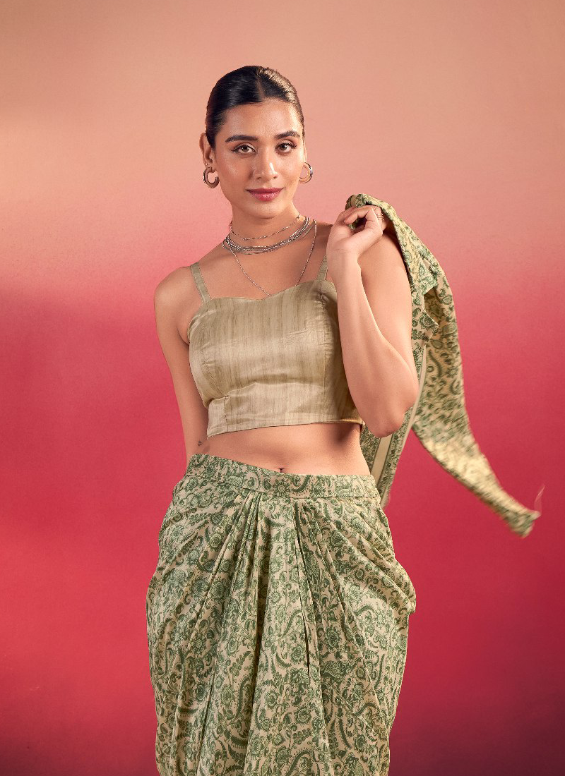 Indo Western Silk Printed Party Wear Green Drape Salwar With Jacket