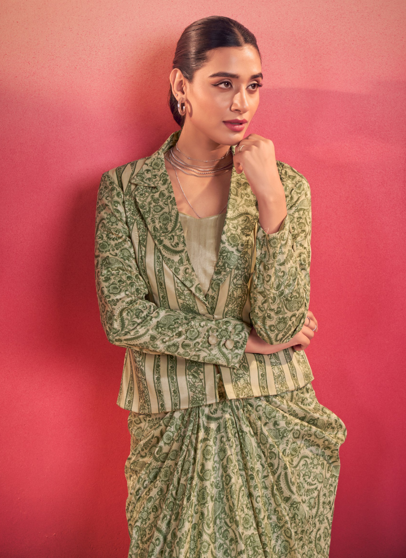 Indo Western Silk Printed Party Wear Green Drape Salwar With Jacket